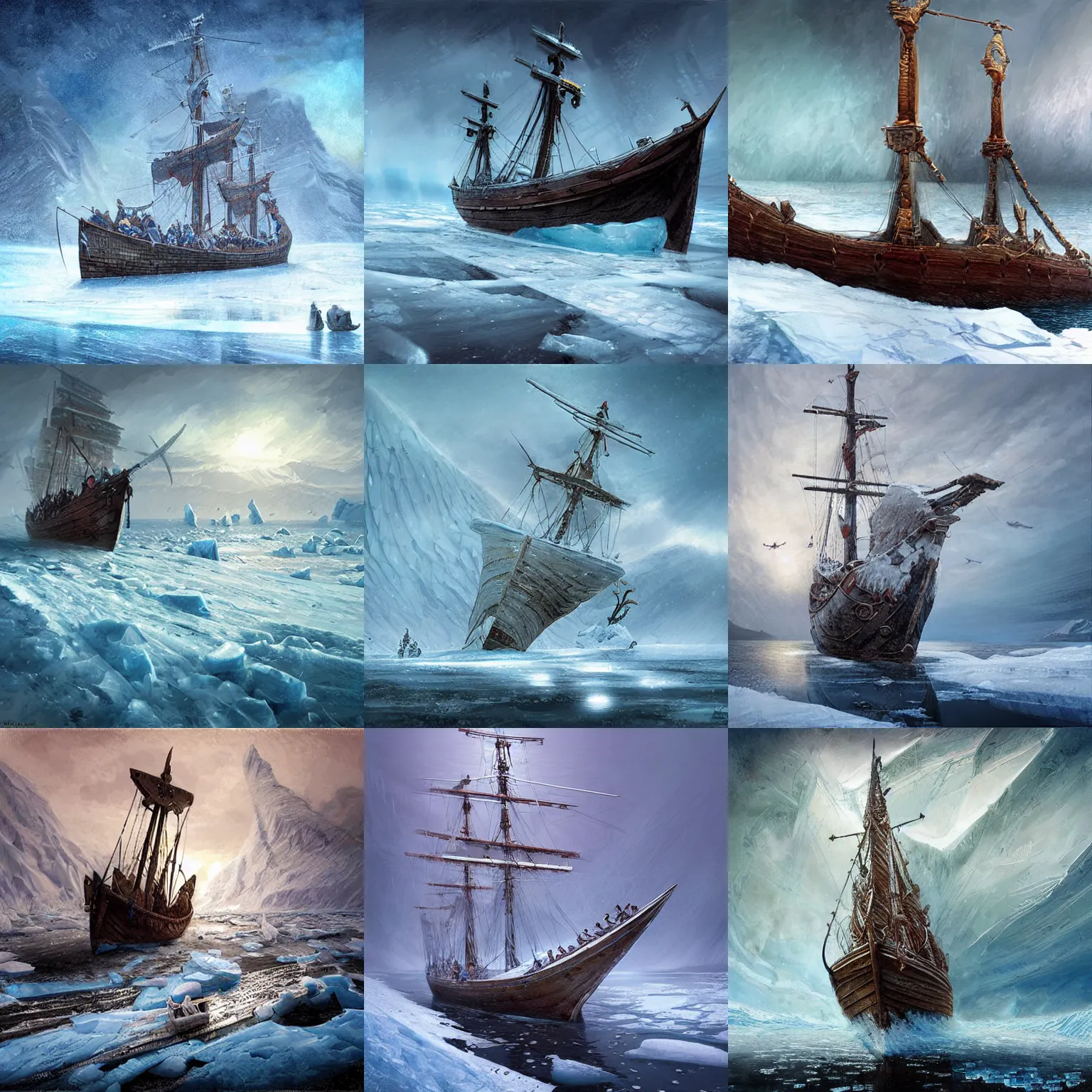Prompt: viking longship in the arctic ocean, intricate, ice, blizzard, highly detailed, digital painting, concept art, sharp focus, illustration, cold, art by marc simonetti
