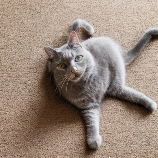 Image similar to gray cat stretching on beige carpet