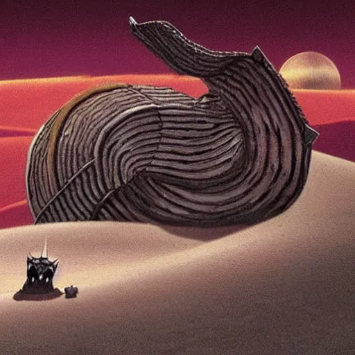 Prompt: a great composition of a scene portraying a desert with a giant sandworm from Dune