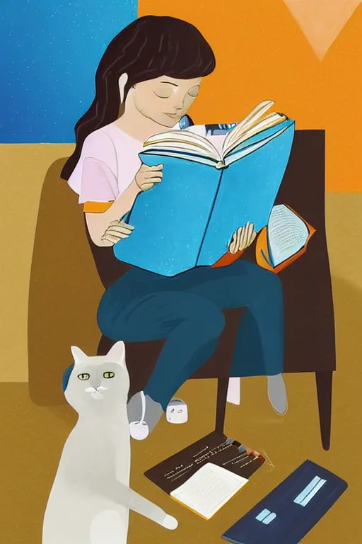 Prompt: a digital painting of a girl reading a book with a cat in A comfortable study room at night,JK uniform ,Hairdryer,blue theme,geometric shapes,S line,hard edges, by anmi and reoenl