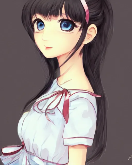 Prompt: a beautiful digital illustration sketch portrait of a pretty greek girl, beautiful anime eyes, with bangs and twintails, dark hair with bow ties, wearing a white lace dress. ilya kuvshinov
