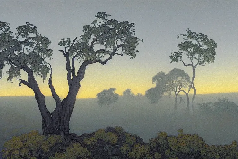 Prompt: masterpiece painting of oak trees along the ridge in the fog at dawn, by a. j. casson and john watkiss and edward okun and albert namatjira