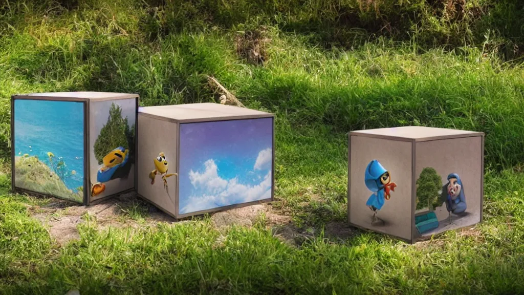 Image similar to pixar - style unfulfilled stream cube ( s ) in nature