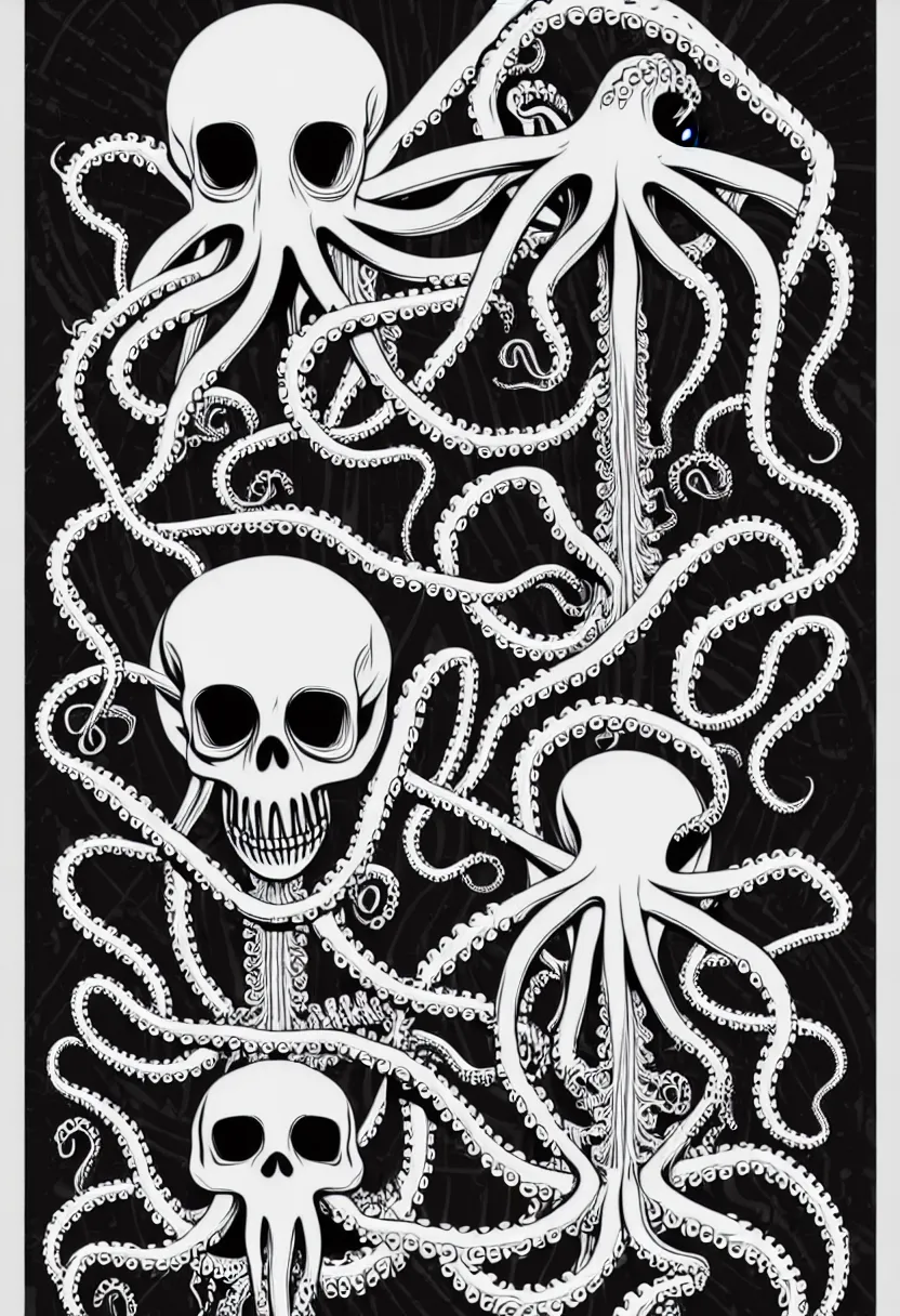 Prompt: fillmore concert poster, realistic symmetrical octopus skeleton, vector art, sticker design, 8k, highly detailed