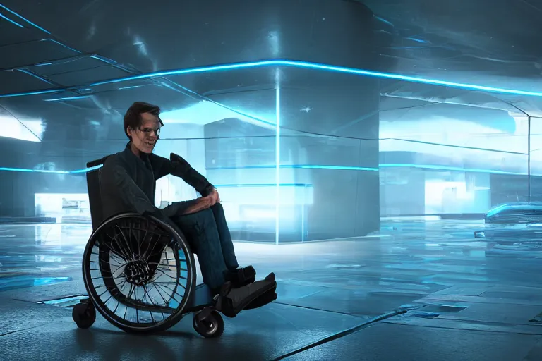 Prompt: man on a futuristic wheelchair, blue neon wheels, beautiful lighting, post processing, ultra realistic details, hyper real, unreal engine 5, octane render