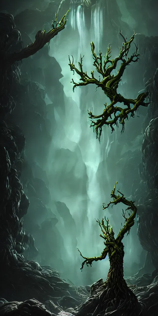 Prompt: full shot portrait of angry darkness Groot under waterfall at moonlight, inspired by Tim Burton, Norihiro Yagi, Marc Simonetti, Amano, Juri Misaki, Giger, darkness background, detailed, unreal engine 4k volumetric light, fog, dark green color palette