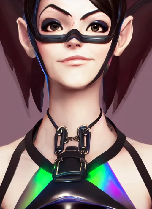 Image similar to portrait bust digital artwork of tracer overwatch, wearing black iridescent rainbow latex tank top, 4 k, expressive happy smug expression, makeup, in style of mark arian, angel wings, wearing detailed black leather collar, chains, black leather harness, detailed face and eyes,