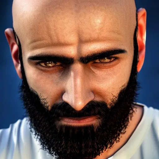 Prompt: real life photo of a Syrian man, bald, full dark beard, blue watery eyes, full round face, short smile, serene desert setting, cinematic lightning, medium shot, mid-shot, highly detailed, trending on artstation, Unreal Engine 4k, 80mm, 85mm, cinematic wallpaper