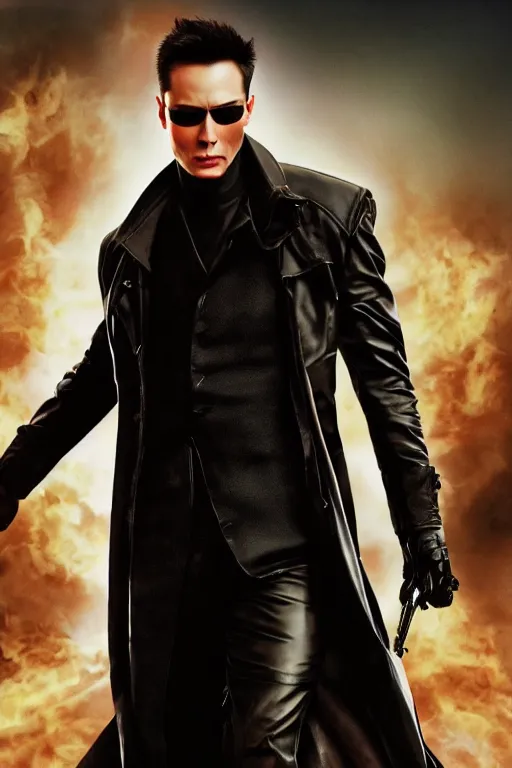 Prompt: an action photograph of the new matrix movie featuring elon musk, wearing sun glasses and black leather trench coat, matrix symbols in the background, extremely detailed, extremely symmetrical facial features, unreal engine, by kevin fiege 8 k