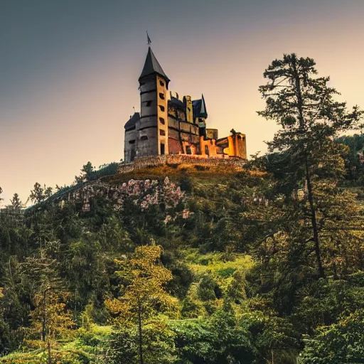 Prompt: a castle on a hill dominating a small town, in the middle of a forest, dusk, landscape