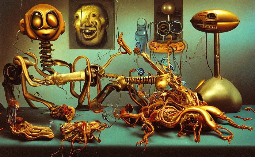 Image similar to strange robot body, disturbing colorful oil painting dutch golden age vanitas still life sparse composition with bizarre objects strange gooey transparent surfaces shiny metal reflections bizarre mutant meat insects rachel ruysch dali todd schorr very detailed perfect composition rule of thirds masterpiece canon 5 0 mm, cinematic lighting, photography, retro, film, kodachrome