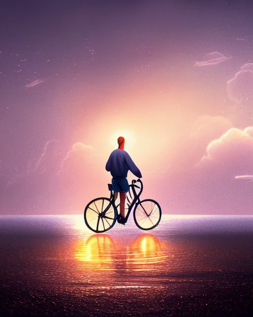 Image similar to photo of man riding a bicycle along the beach that is lit by glowing organisms underwater toward a lighthouse in the distance, wide horizon, large white clouds, intricate, elegant, highly detailed, digital painting, artstation, concept art, smooth, sharp focus, illustration, art by artgerm and greg rutkowski and fra angelico