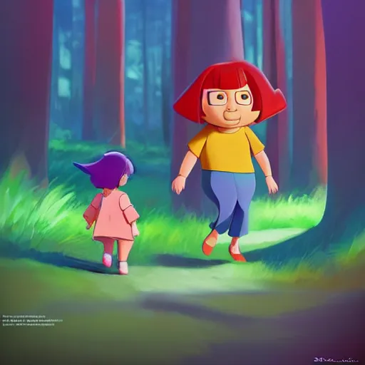 Prompt: goro fujita ilustration dora the explorer with blue clothes, walking through the forest, painting by goro fujita, sharp focus, highly detailed, artstation