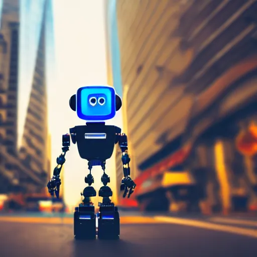 Prompt: a cute robot in the middle of a busy street with skyscrapers, low angle camera, cinematic, very detailed, 4 k, depth of field