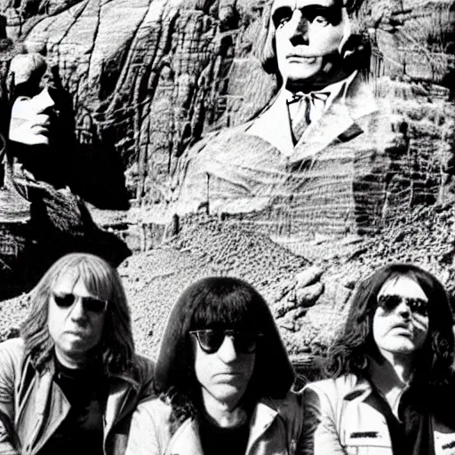 Image similar to The Ramones carved into the heads of Mount Rushmore