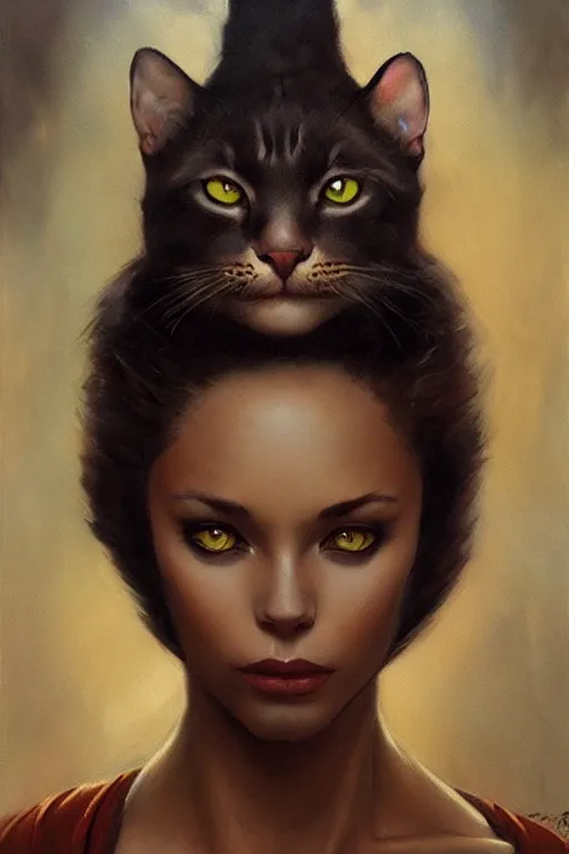 Image similar to portrait of a queen cat gir, dark, piercing eyes, gentle expression, elegant clothing, photorealistic, highly detailed, artstation, smooth, sharp focus, art by michael whelan, artgerm, greg rutkowski and alphonse mucha