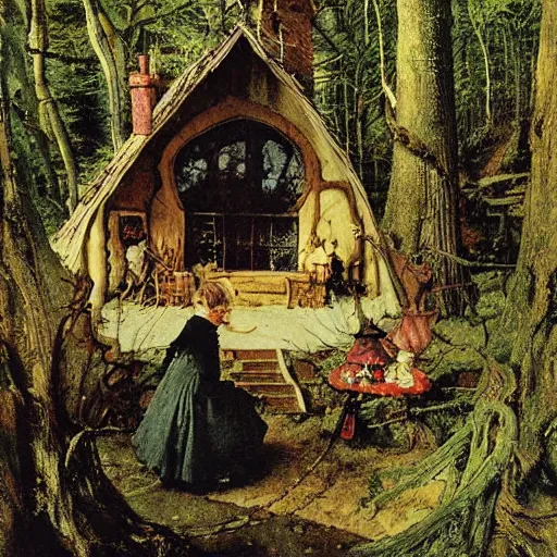 Image similar to witch cottage rococo in the forest, art by norman rockwell