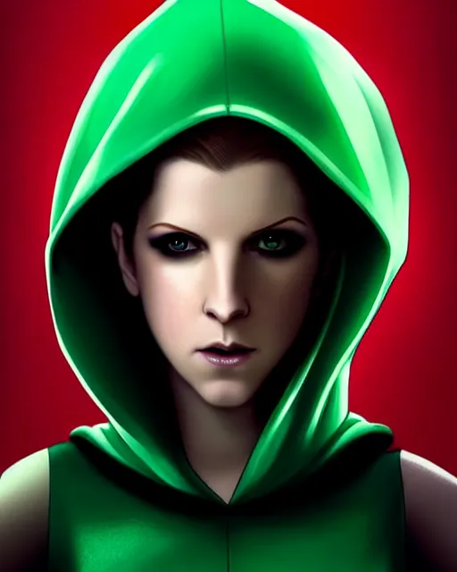 Image similar to Dan LuVisi art, cinematics lighting, beautiful Anna Kendrick supervillain, green dress with a black hood, angry, symmetrical face, Symmetrical eyes, full body, flying in the air over city, night time, red mood in background