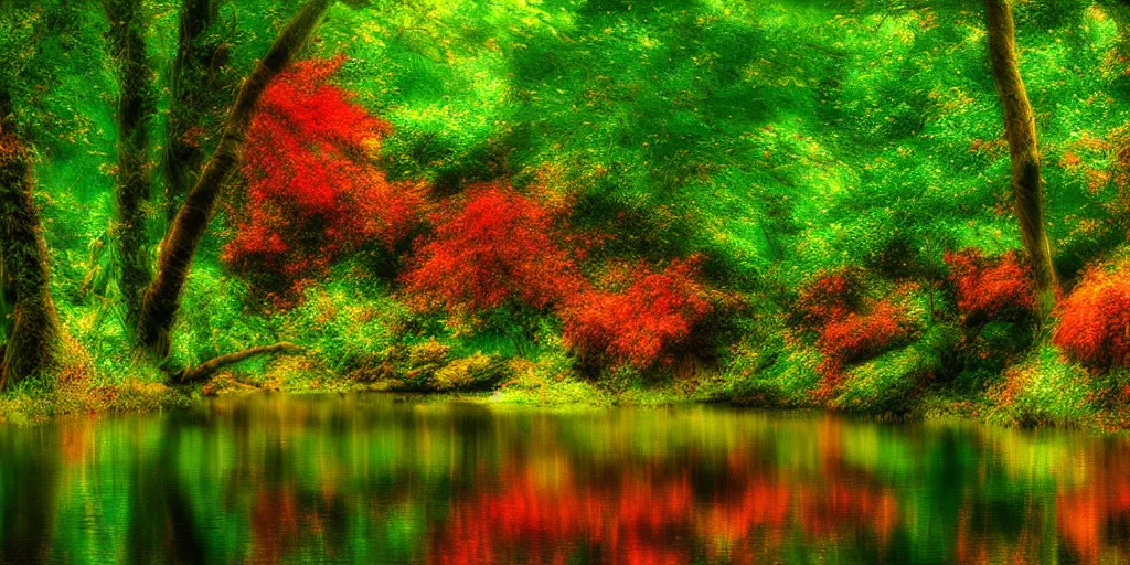 Image similar to beautiful dryads, paradise forest, colorful leaves, reflections, river, grove glen, digital art, trending on deviantart