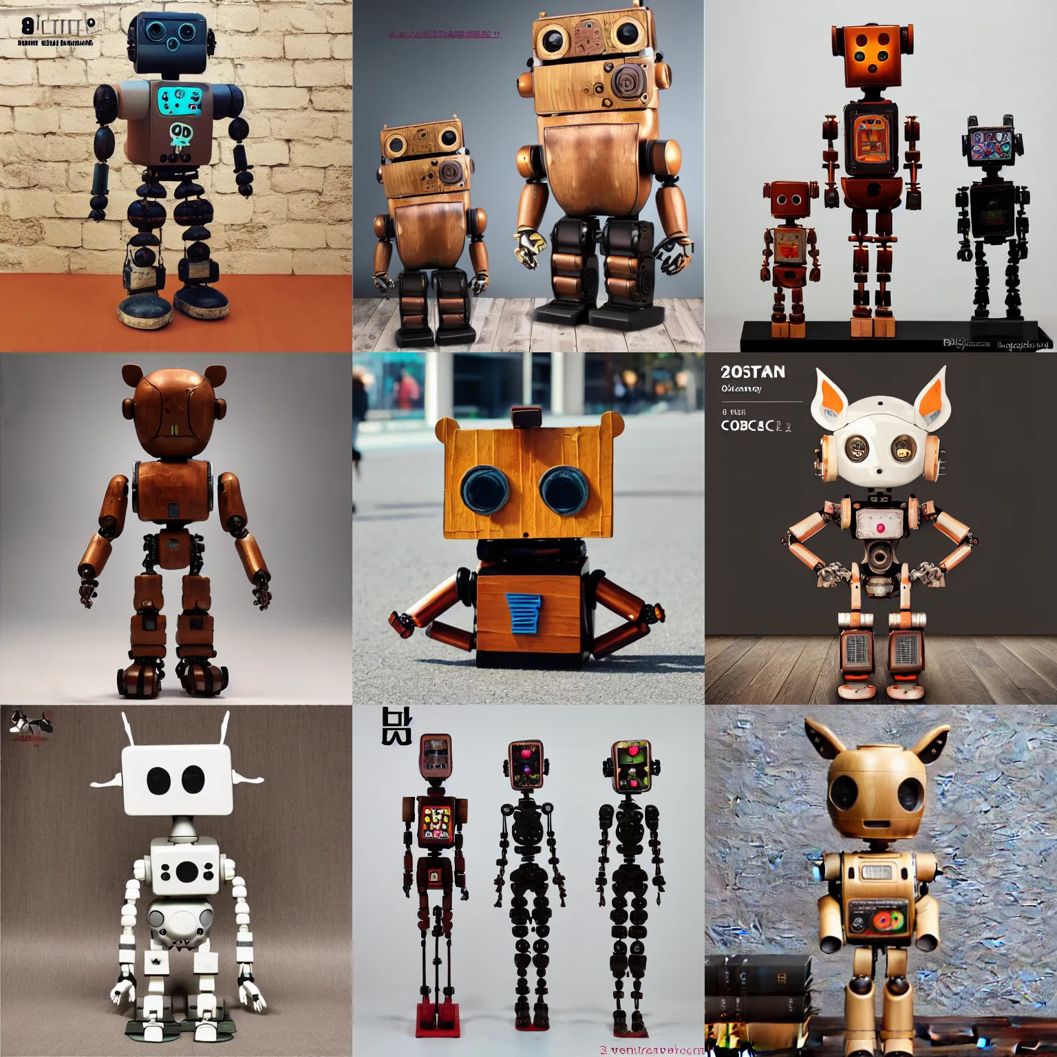 Prompt: 8k octan advertising photo a totally wooden sculpture collection art toys on feet very cute robot zen with animal ears cyberpunk a contemporary art gallery