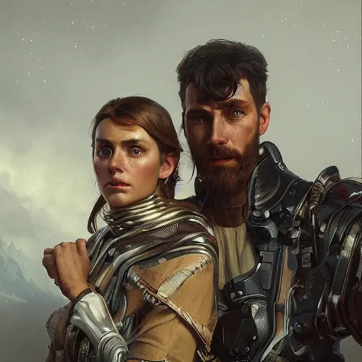 Prompt: portrait painting of a futuristic rugged male and female stood next to each other, colonisation, model pose, ultra realistic, concept art, intricate details, eerie, highly detailed, photorealistic, octane render, 8 k, unreal engine. art by artgerm and greg rutkowski and alphonse mucha