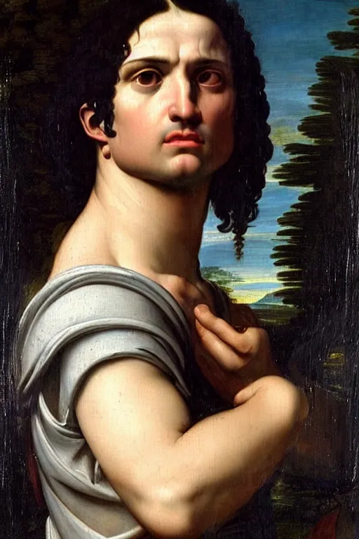 Prompt: renaissance painting of man, long black hair, pleading face, tears dripping from the eyes, emotions closeup, dressed in roman armour, the beautiful garden with pines, ultra detailed, art by Guido Reni style, Vincenzo Catena style