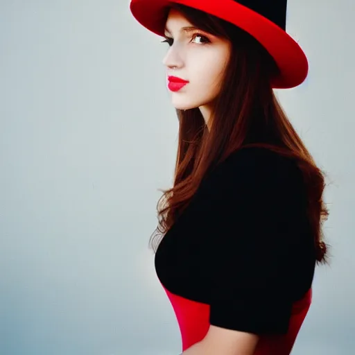 Image similar to beauty photographic portrait of half - length portrait of stunning girl in a red hat and black dress, kodak portra 4 0 0, 8 k, soft light, volumetric lighting, highly detailed,,