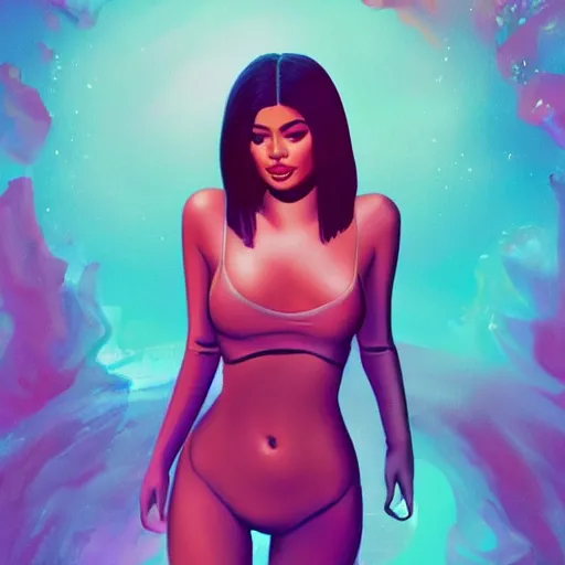 Prompt: KYLIE JENNER with pistol swimming in chromatic SPIRITS in misty mysterious astral temple, beautiful, dmt, trending on artstation, omnious, soft, REALISTIC