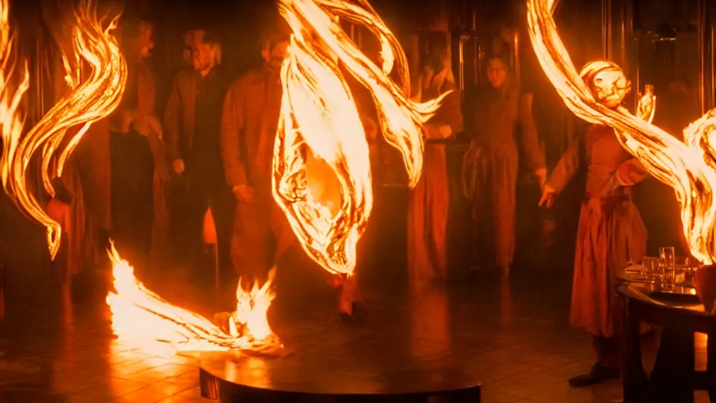 Prompt: the strange creature in a restaurant serves people, made of fire and water, film still from the movie directed by Denis Villeneuve with art direction by Salvador Dalí, wide lens