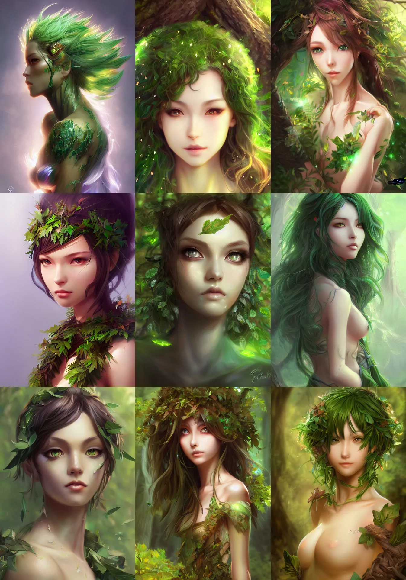 Prompt: A realistic anime portrait of a beautiful dryad with glowing green eyes and tree bark skin wearing clothes made of leaves, digital painting, by Stanley Artgerm Lau, Sakimichan, WLOP and Rossdraws, digtial painting, trending on ArtStation, SFW version