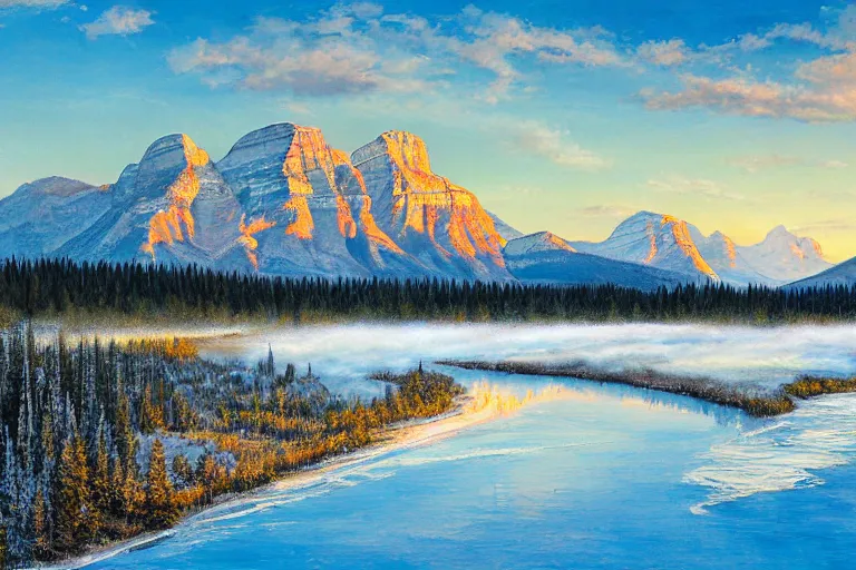 Prompt: an epic landscape painting of rundle mountain in alberta, with snow on its peak, at sunrise in springtime, with bow river in the foreground, painted by x, atmospheric, volumetric lighting, rolling fog, breathtaking, highly detailed
