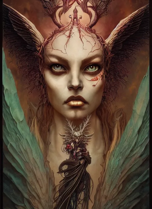 Image similar to perfectly centered portrait front view of a angry dead rotten beautiful female angel growing ornamentation all around, ornate, detailed, symmetrical, elegant, beautifully soft lit, by wayne barlowe, peter mohrbacher, kelly mckernan