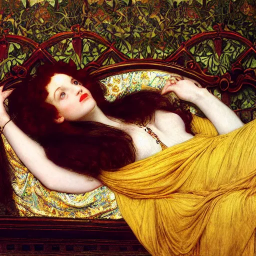 Prompt: preraphaelite photography reclining on bed, a hybrid of judy garland and lucille ball, aged 2 5, big brown fringe, yellow ochre ornate medieval dress, john william waterhouse, kilian eng, rosetti, john everett millais, william holman hunt, william morris, 4 k