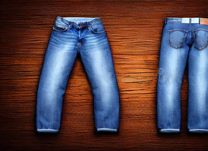 Image similar to clear highly detailed photorealistic topdown mockup product photograph of a realisticfolded pair of jeans on a wooden background