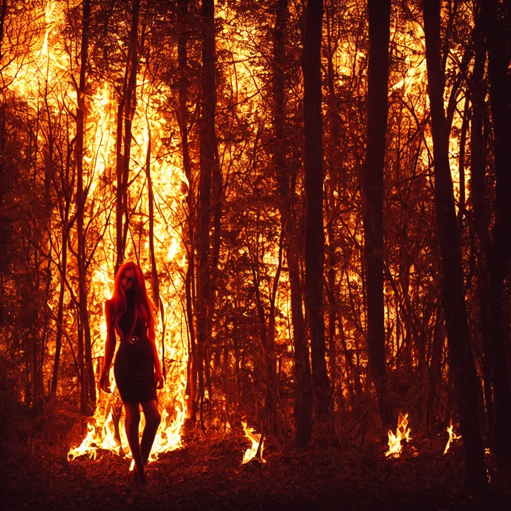 Image similar to a beautiful vampire girl is standing in the forest at night on fire