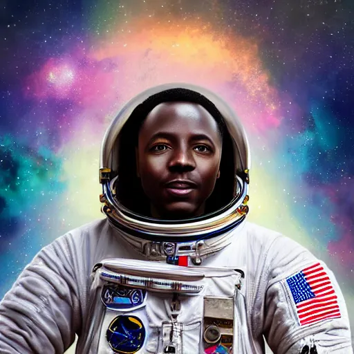 Prompt: a portrait of an african astronaut in the space with nebulae, realistic painting, high definition, digital art, matte painting, very detailed, realistic