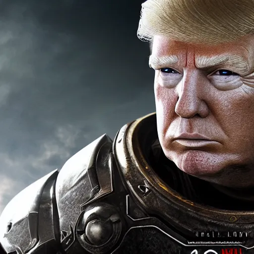 Image similar to Photo portrait of Donald Trump as Spartan in Gears of War, splash art, movie still, detailed face, photorealistic facial features, cinematic lighting, dramatic, octane render, long lens, shallow depth of field, bokeh, anamorphic lens flare, 8k, hyper detailed, 35mm film grain