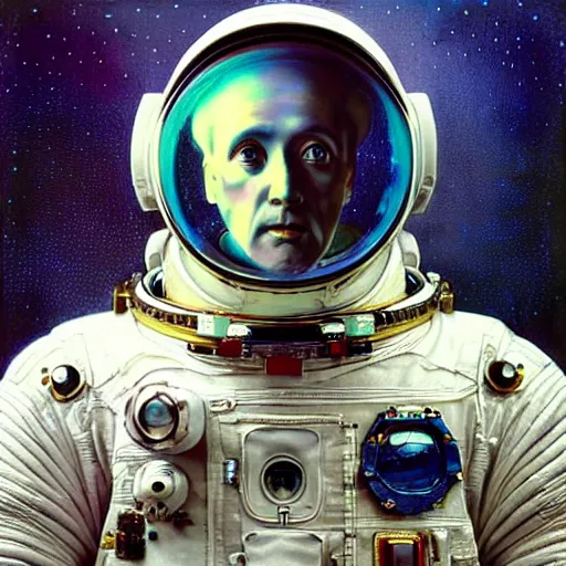 Prompt: realistic extremely detailed photo style portrait painting of a complete astronaut suit with exposed diamond 3d fractal lace iridescent bubble 3d skin clear brain , retro futuristic ,water , style hybrid mix of beeple+Anton Pieck+Jean Delville+ Amano,Yves Tanguy+ Alphonse Mucha+ Ernst Haeckel+ Edward Robert Hughes+Stanisław Szukalski , rich moody colors,diamond dust glitter and sparkles, holographic krypton ion,blue eyes,octane render,4k,f32,55mm photography,wide angle full shot,