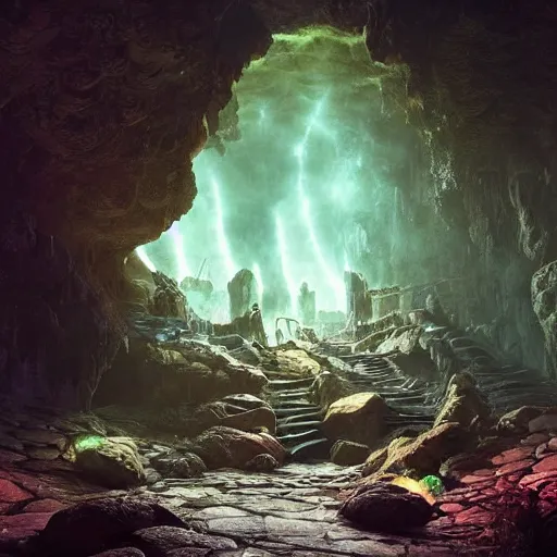 Prompt: “underground fantasy medieval of city in a giant cave, bioluminescence, mushrooms, crystals, roots, Artstation HQ, photorealistic, hiperrealistic, 4k UHD, Unreal Engine 5, cinematic shot, cinematic lightning, dark tones, high contrast, masterpiece”