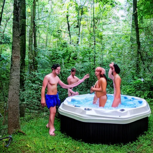 Image similar to hot tub rave outside a woodland cabin