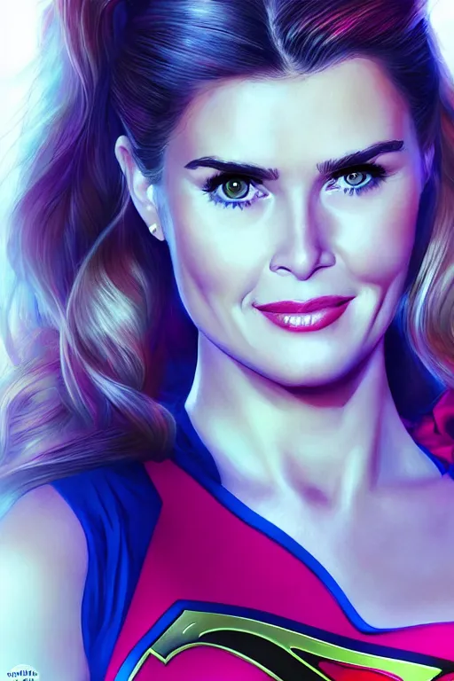 Image similar to portrait of a mix of beautiful young maria shriver, mariel hemmingway, brooke shields and elle macpherson as supergirl, thin lips, hair tied up in a pony tail, colorful artstation, cgsociety