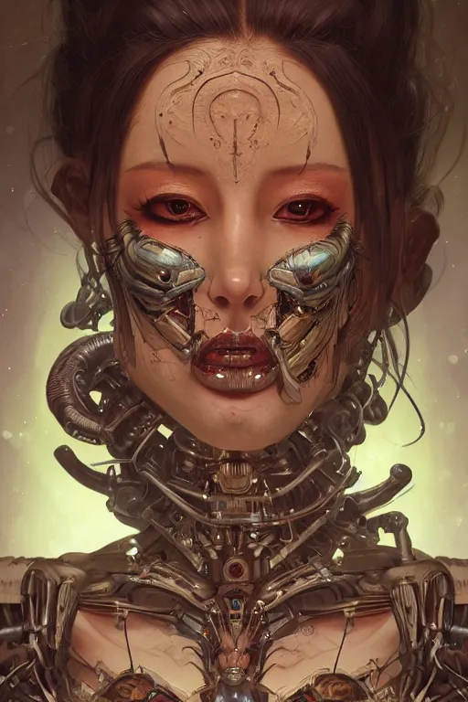 Image similar to An Alien Robot concubine, facial tattoos, artists portrait, biomechanical, oppai, fantasy, highly detailed, photograph, concept art, sharp focus, depth of field blur, illustration, art by artgerm and greg rutkowski and alphonse mucha and trevor brown