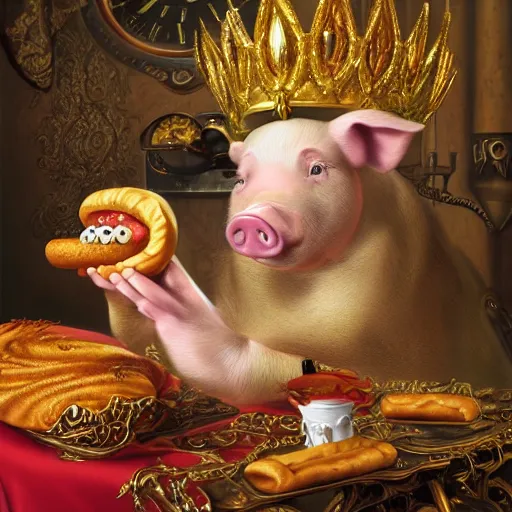 Image similar to pig wearing gold crown eating hot dog, Realistic, Regal, Refined, Detailed Digital Art, Michael Cheval, Walt Disney (1937), François Boucher, Oil Painting, Steampunk, Highly Detailed, Cinematic Lighting, Unreal Engine, 8k