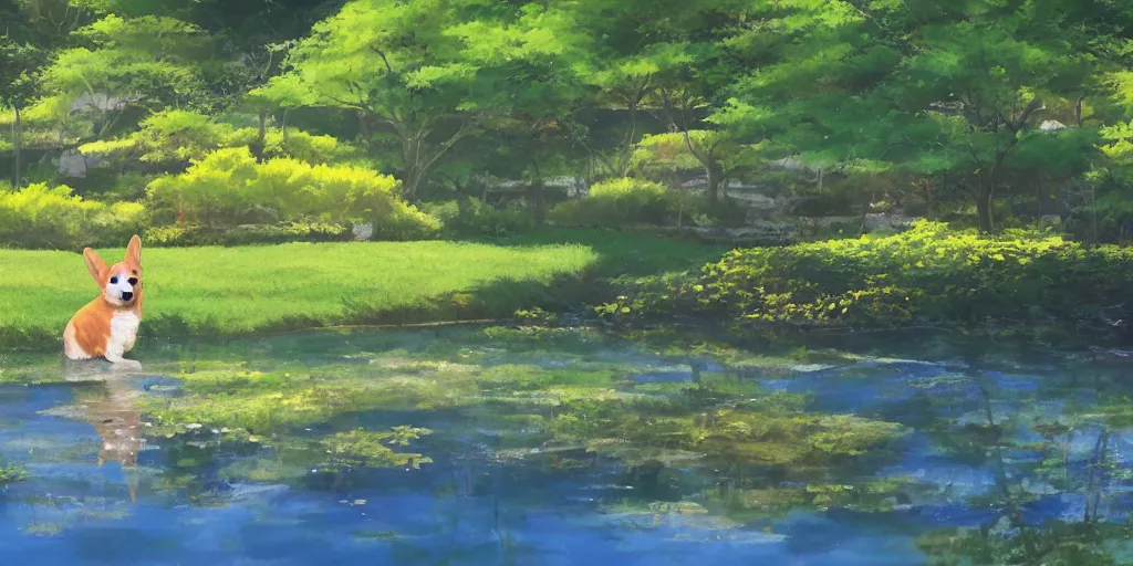 Image similar to A singular corgi by the pond, there is blue sky, there is water splash, the atmosphere is cheerful, the colors are bright, high picture quality, by Makoto Shinkai