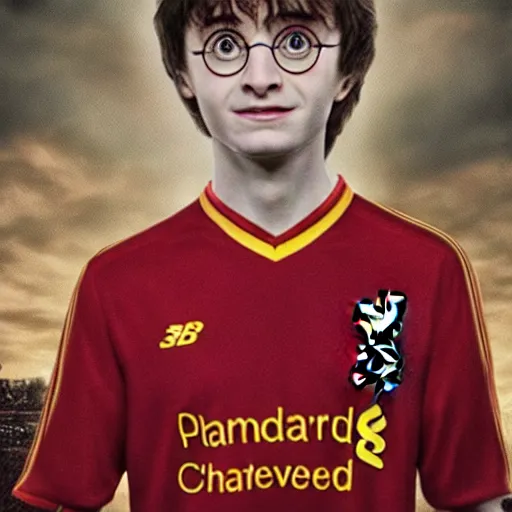 Image similar to portrait of harry potter wearing a liverpool jersey, highly detailed, masterpiece painting, 4 k,