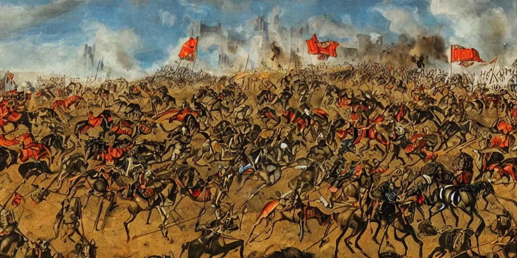 Image similar to medieval battlefield filled with cavalry fleeing from monster trucks