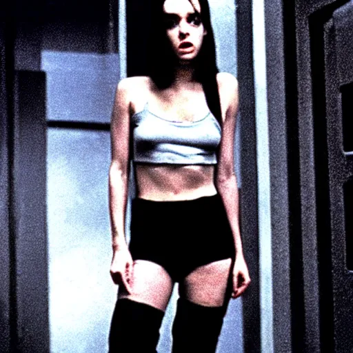 Prompt: jennifer connely by stanley kubrick, sexy black shorts, wearing black boots, wearing a cropped top, blade runner, highly detailed, movie still, intense, cyberpunk, hq