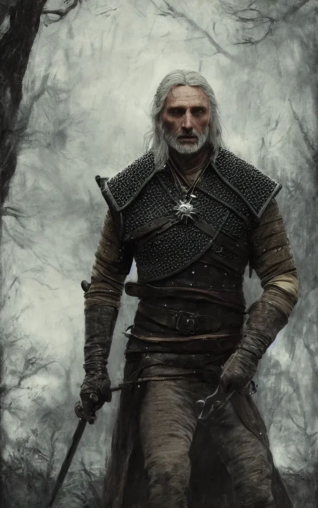 Image similar to mads mikkelsen as vesemir from the witcher, artstation, by camille corot, cinematic, dramatic, filmic, 8 k, moody lighting, cinematic lighting, insanely detailed and intricate, hypermaximalist, elegant, ornate, hyper realistic, super detailed