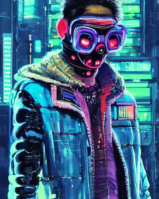 Prompt: detailed portrait of cyberpunk computer scientist who served as systems engineer dancer on the neo Tokyo streets of the Mecha Empire city during the Festival of Masks, futuristic neon, reflective puffy coat, decorated with traditional Japanese ornaments by Ismail inceoglu dragan bibin hans thoma greg rutkowski Alexandros Pyromallis Nekro Rene Maritte Illustrated, Perfect face, fine details, realistic shaded, fine-face, pretty face