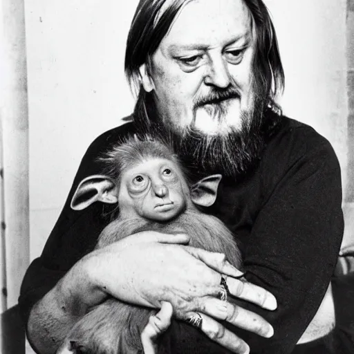 Prompt: robert wyatt cradling a goblin, photograph